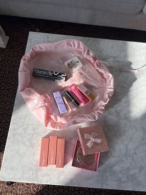 Pink Makeup Travel Drawstring Pouch with clean beauty credo Cosmetics and mirror